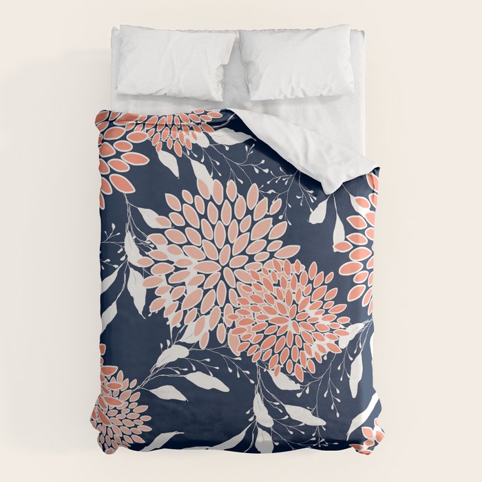 Floral Blooms and Leaves, Navy, Coral and White Duvet Cover Gallery Image 6