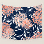 Floral Blooms and Leaves, Navy, Coral and White Wall Tapestry Gallery Image 4