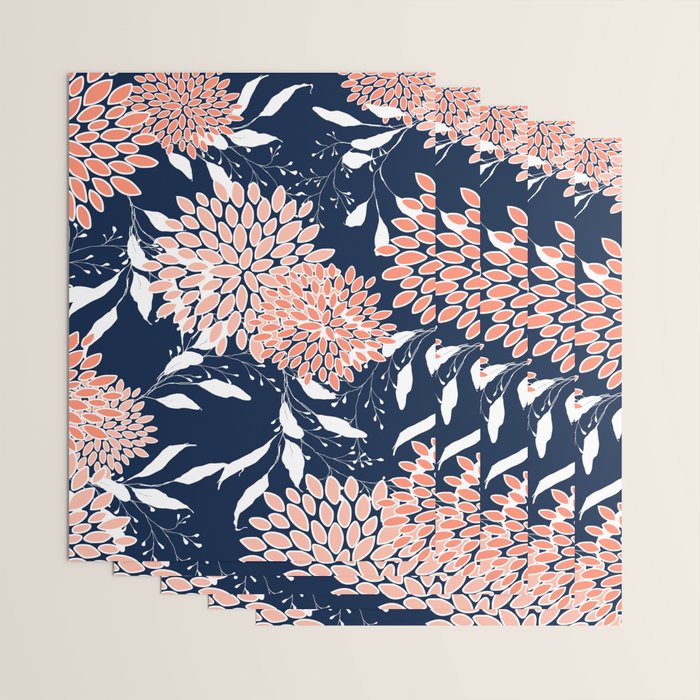 Floral Blooms and Leaves, Navy, Coral and White Wrapping Paper Gallery Image 3