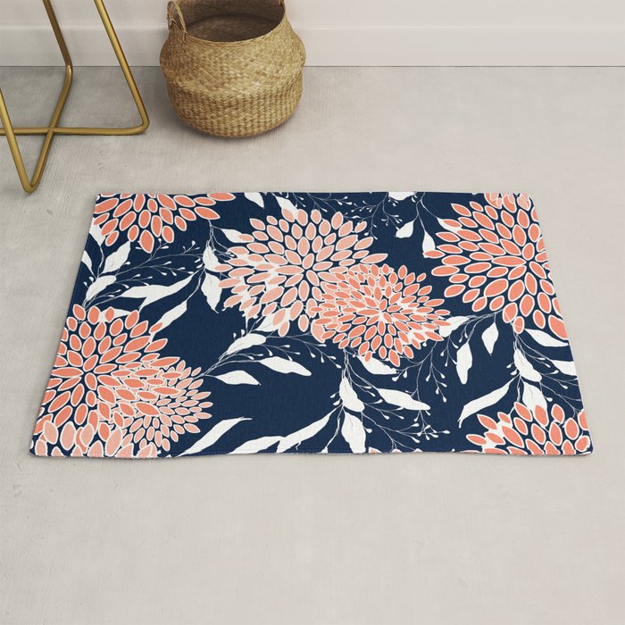 Floral Blooms and Leaves, Navy, Coral and White Rug Gallery Image 1