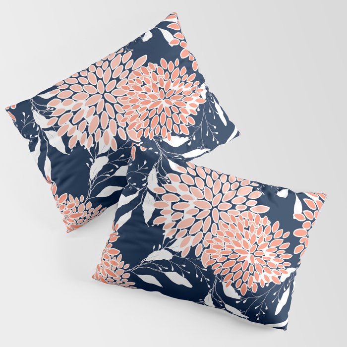 Floral Blooms and Leaves, Navy, Coral and White Pillow Sham Gallery Image 3