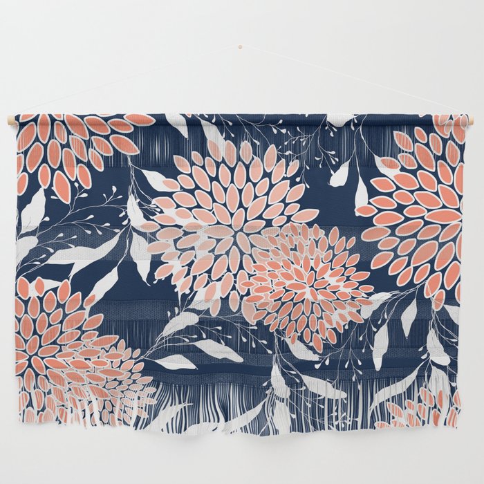 Floral Blooms and Leaves, Navy, Coral and White Wall Hanging Gallery Image 1