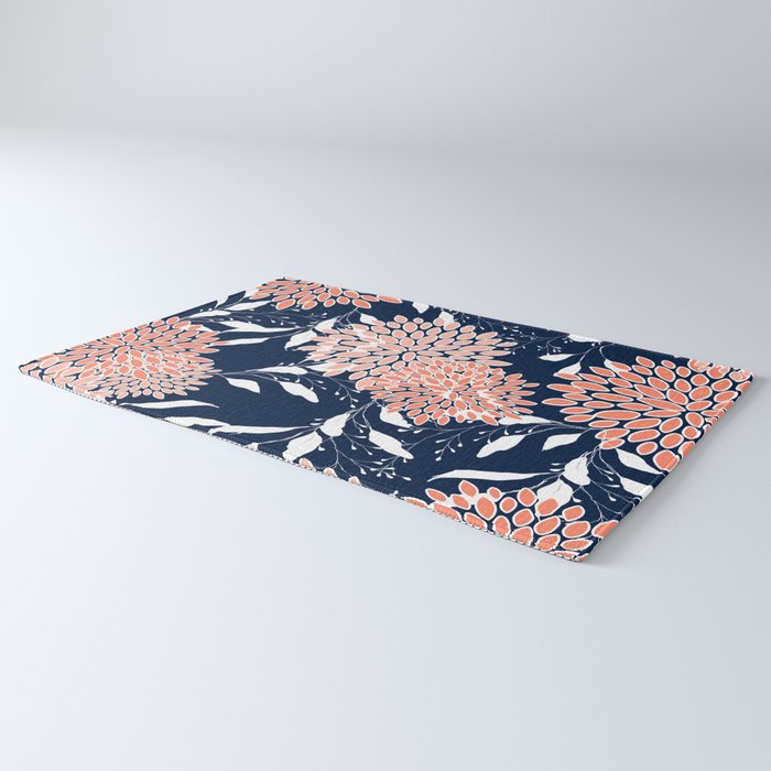 Floral Blooms and Leaves, Navy, Coral and White Rug Gallery Image 3