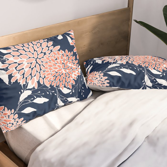Floral Blooms and Leaves, Navy, Coral and White Pillow Sham Gallery Image 2