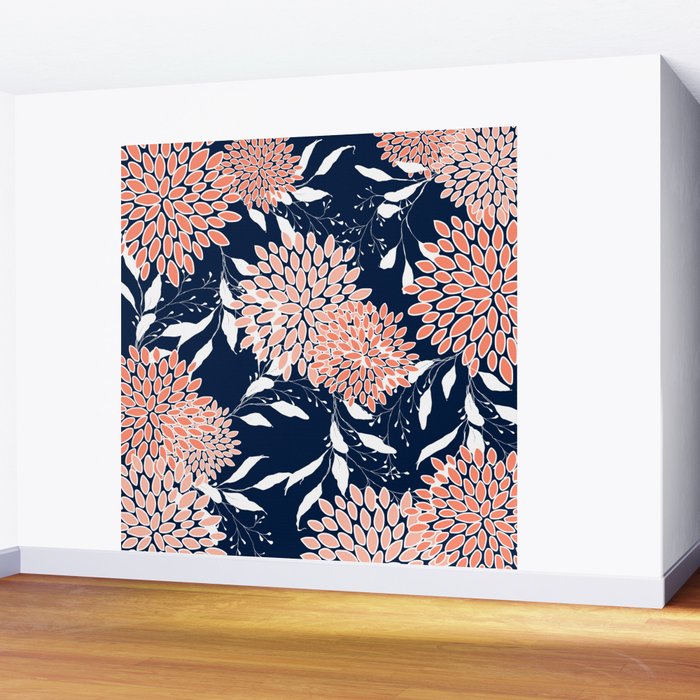 Floral Blooms and Leaves, Navy, Coral and White Wall Mural Gallery Image 2
