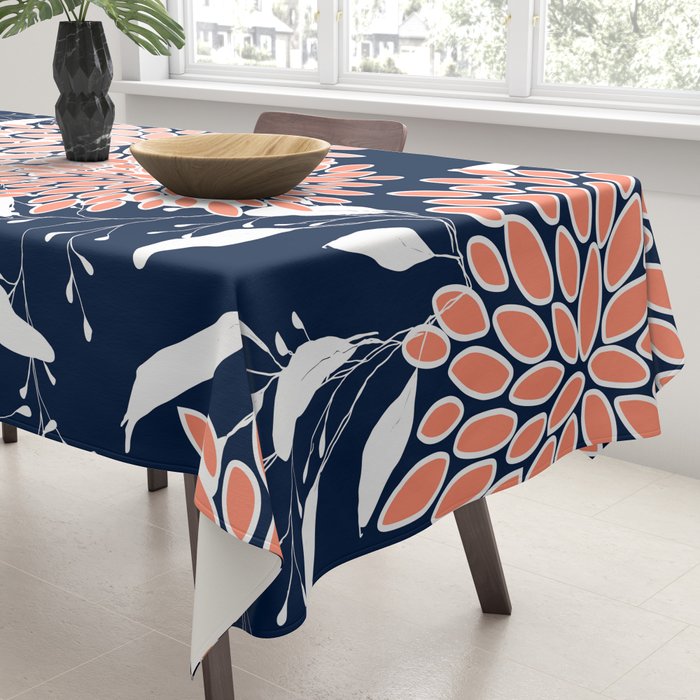 Floral Blooms and Leaves, Navy, Coral and White Tablecloth Gallery Image 3
