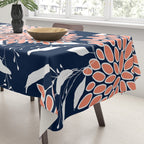 Floral Blooms and Leaves, Navy, Coral and White Tablecloth Gallery Image 3
