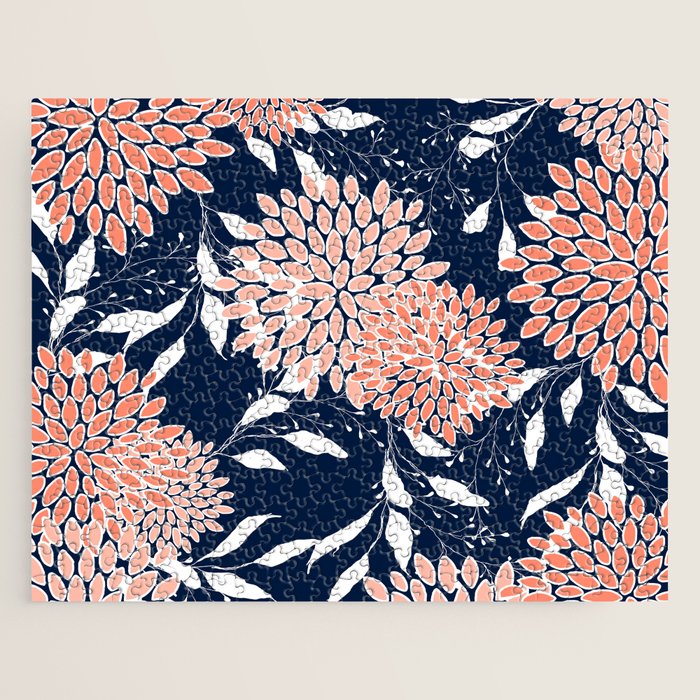 Floral Blooms and Leaves, Navy, Coral and White Jigsaw Puzzle Gallery Image 1