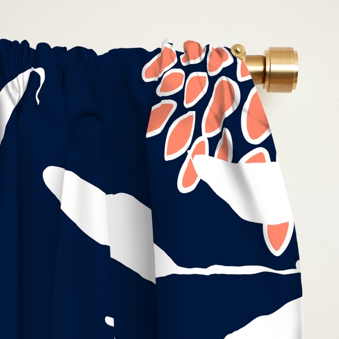 Floral Blooms and Leaves, Navy, Coral and White Window Curtain Gallery Image 2
