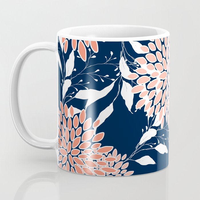Floral Blooms and Leaves, Navy, Coral and White Coffee Mug Gallery Image 3