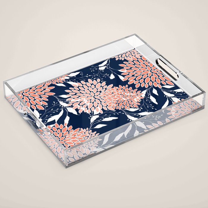 Floral Blooms and Leaves, Navy, Coral and White Acrylic Tray Gallery Image 1