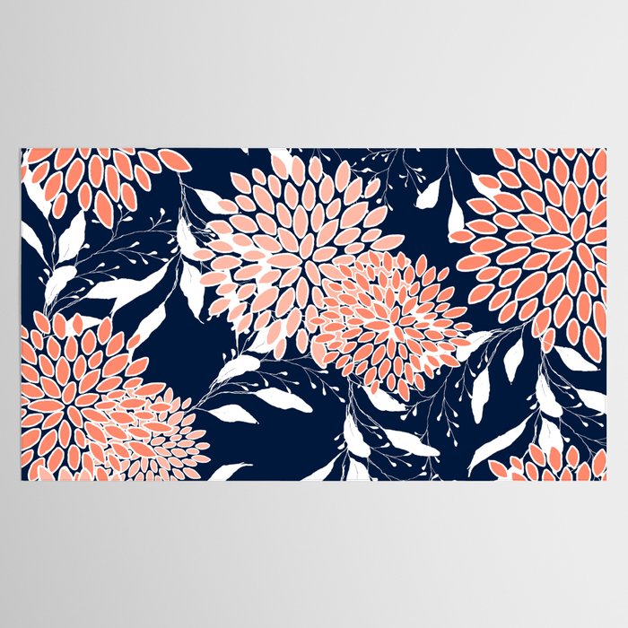 Floral Blooms and Leaves, Navy, Coral and White Tablecloth Gallery Image 2