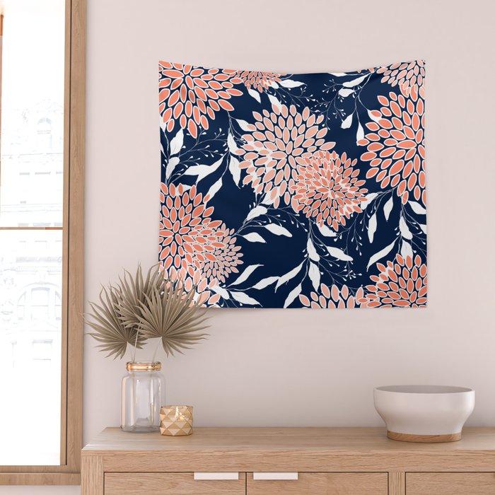 Floral Blooms and Leaves, Navy, Coral and White Wall Tapestry Gallery Image 2