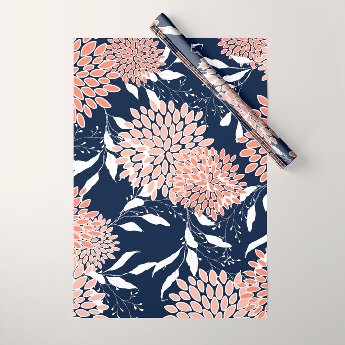 Floral Blooms and Leaves, Navy, Coral and White Wrapping Paper Gallery Image 1