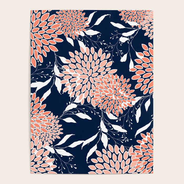 Floral Blooms and Leaves, Navy, Coral and White Poster Gallery Image 1
