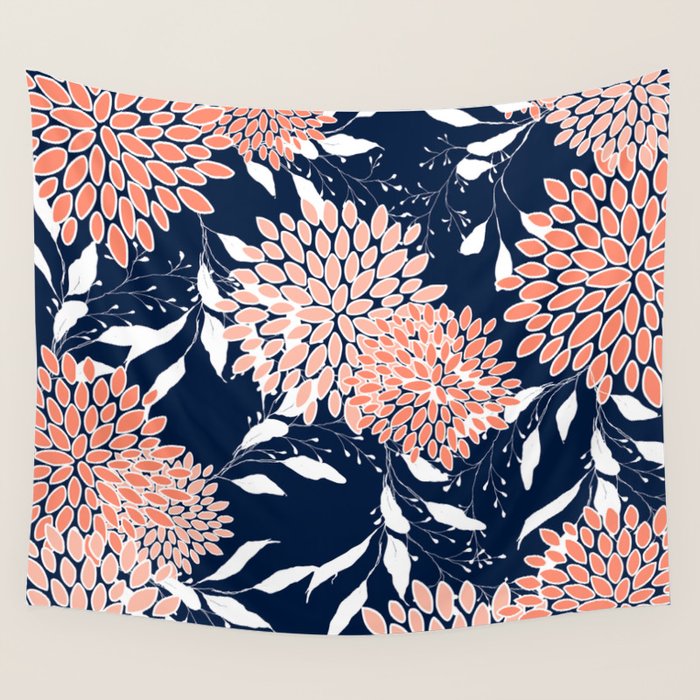Floral Blooms and Leaves, Navy, Coral and White Wall Tapestry Gallery Image 1