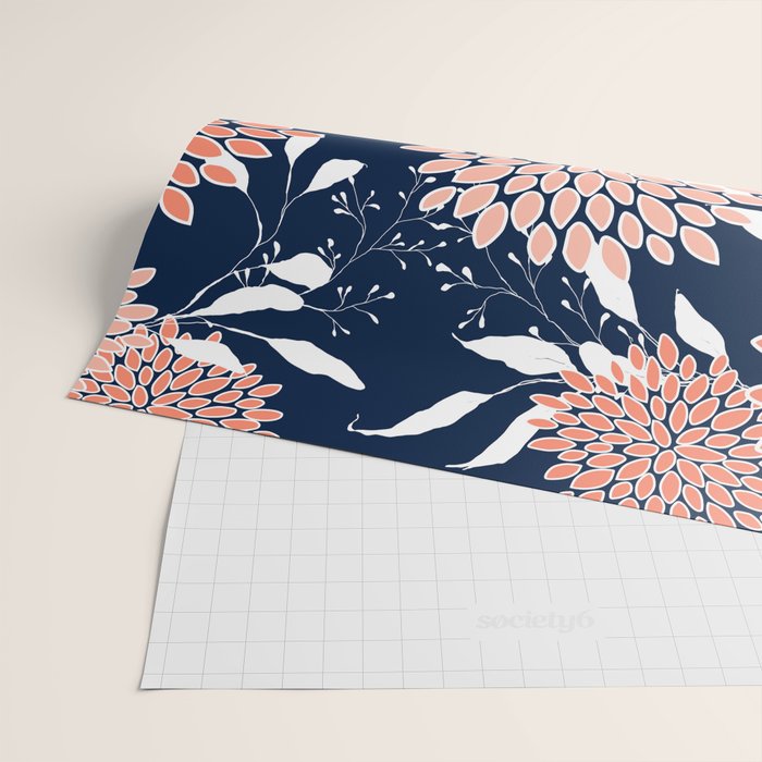 Floral Blooms and Leaves, Navy, Coral and White Wrapping Paper Gallery Image 2