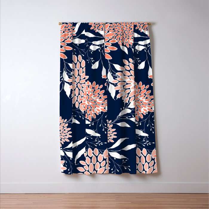 Floral Blooms and Leaves, Navy, Coral and White Window Curtain Gallery Image 3