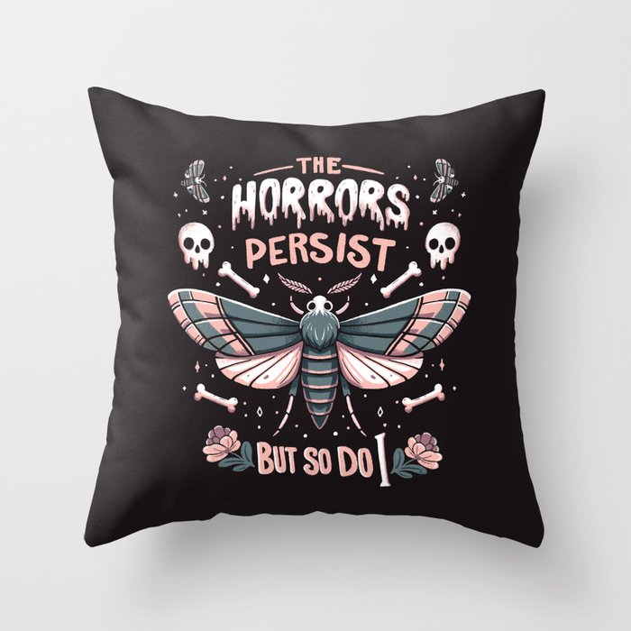 The horrors persist but so do I - gothic moth and skull design Throw Pillow Gallery Image 6