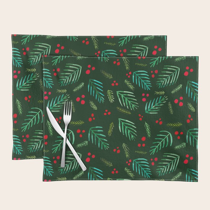 Christmas tree branches and berries - green Placemat Gallery Image 1