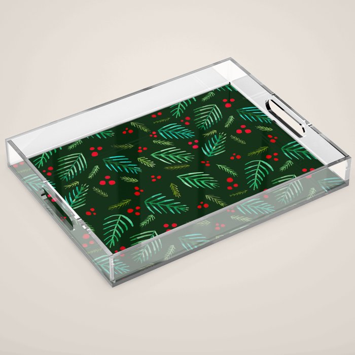 Christmas tree branches and berries - green Acrylic Tray Gallery Image 1