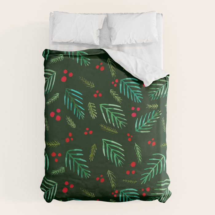 Christmas tree branches and berries - green Duvet Cover Gallery Image 1