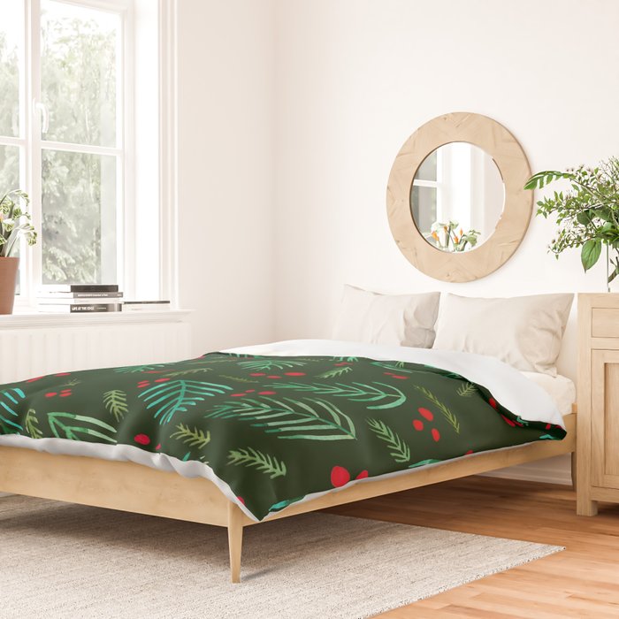 Christmas tree branches and berries - green Duvet Cover Gallery Image 2