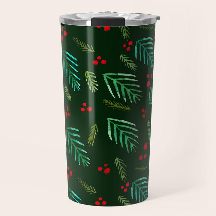 Christmas tree branches and berries - green Travel Mug Gallery Image 1