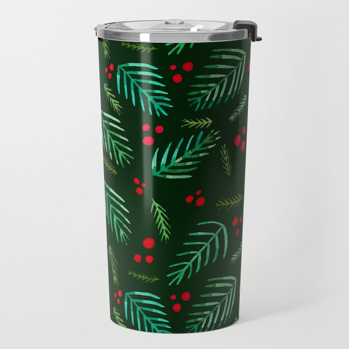 Christmas tree branches and berries - green Travel Mug Gallery Image 2