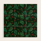 Christmas tree branches and berries - green Wood Wall Art Gallery Image 1