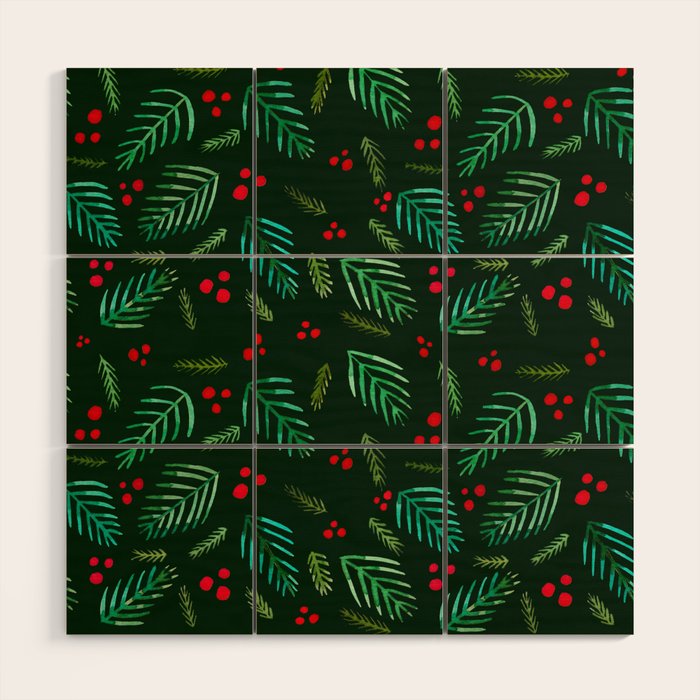 Christmas tree branches and berries - green Wood Wall Art Gallery Image 1