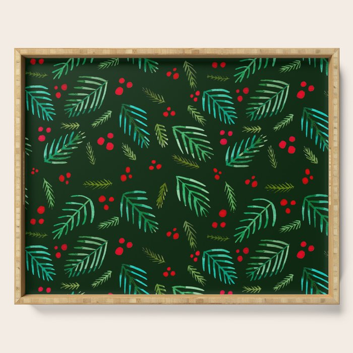 Christmas tree branches and berries - green Serving Tray Gallery Image 1