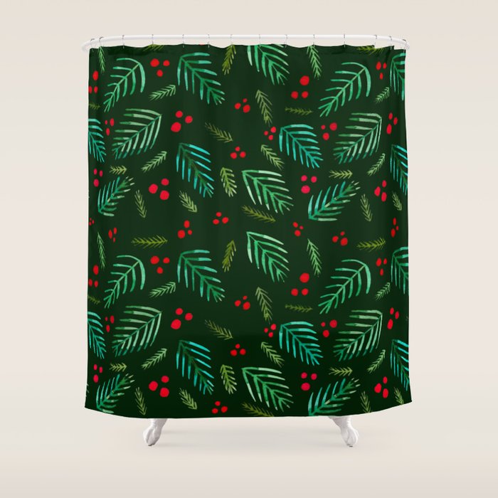 Christmas tree branches and berries - green Shower Curtain Gallery Image 1