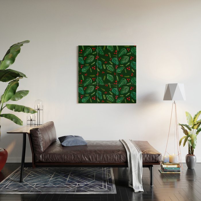 Christmas tree branches and berries - green Wood Wall Art Gallery Image 2