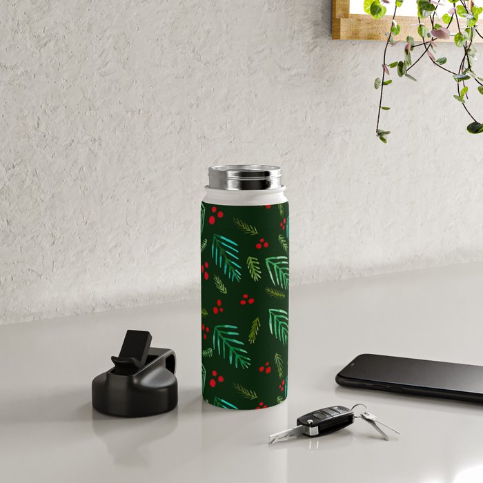 Christmas tree branches and berries - green Water Bottle Gallery Image 4