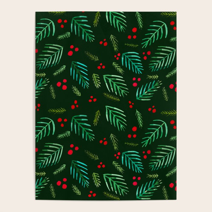 Christmas tree branches and berries - green Poster