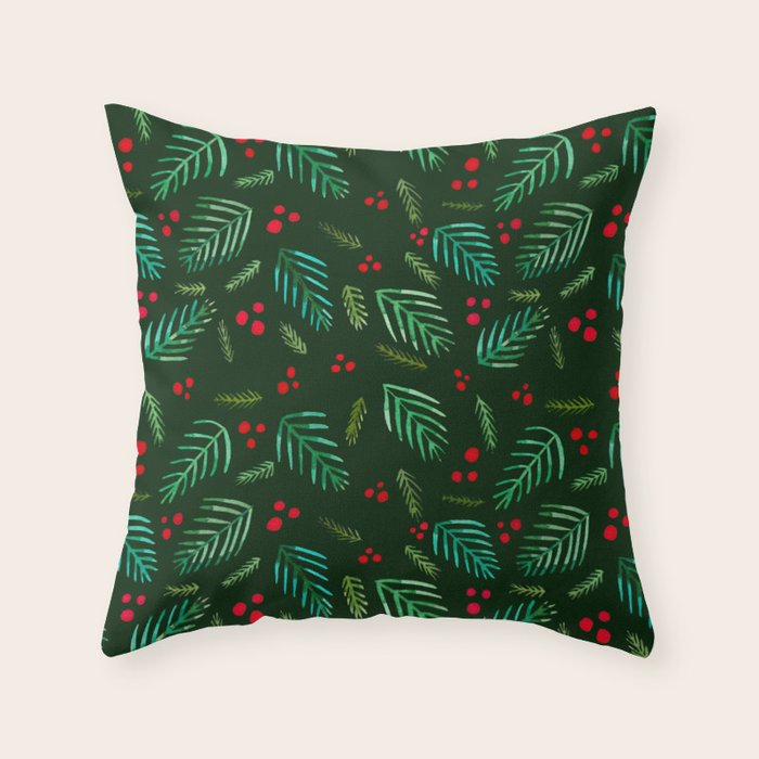 Christmas tree branches and berries - green Throw Pillow Gallery Image 1