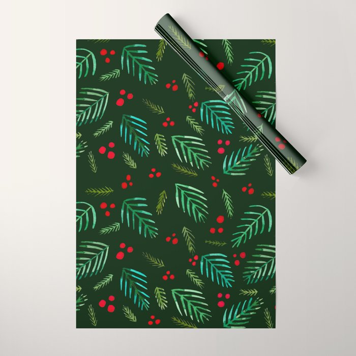 Christmas tree branches and berries - green Wrapping Paper Gallery Image 1
