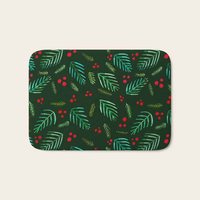 Christmas tree branches and berries - green Bath Mat Gallery Image 1