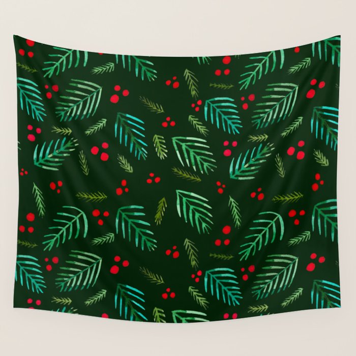 Christmas tree branches and berries - green Wall Tapestry Gallery Image 4