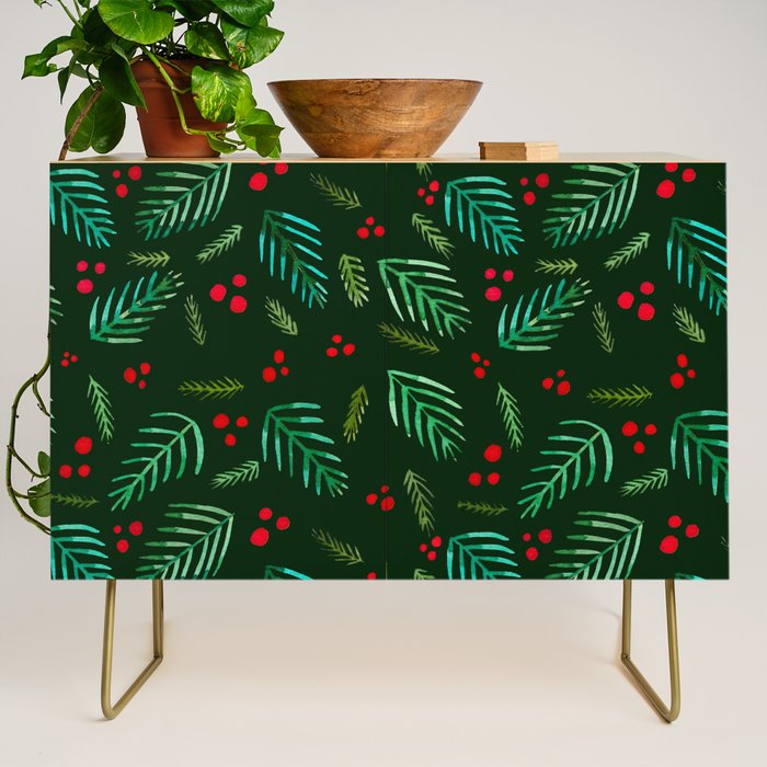 Christmas tree branches and berries - green Credenza Gallery Image 1