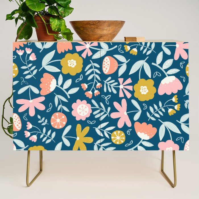 Cute Vintage Flower Pattern Scandinavian Folk Art Credenza Gallery Image 1