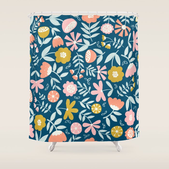 Cute Vintage Flower Pattern Scandinavian Folk Art Shower Curtain Gallery Image 1