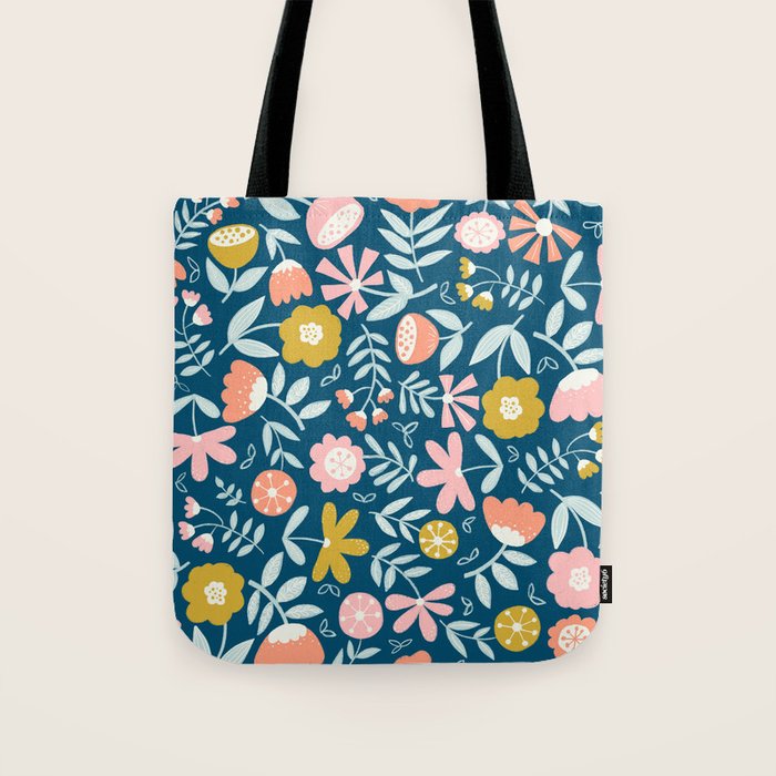 Cute Vintage Flower Pattern Scandinavian Folk Art Tote Bag Gallery Image 1