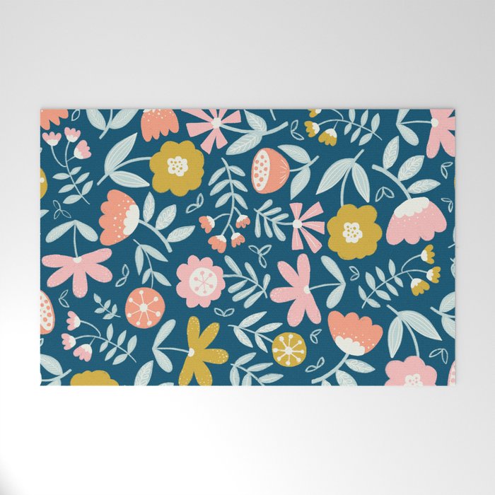 Cute Vintage Flower Pattern Scandinavian Folk Art Welcome Mat Gallery Image 1