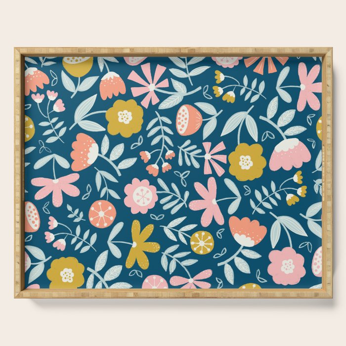 Cute Vintage Flower Pattern Scandinavian Folk Art Serving Tray Gallery Image 1