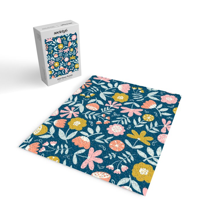 Cute Vintage Flower Pattern Scandinavian Folk Art Jigsaw Puzzle Gallery Image 2
