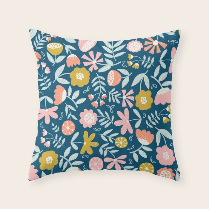 Cute Vintage Flower Pattern Scandinavian Folk Art Throw Pillow Gallery Image 1