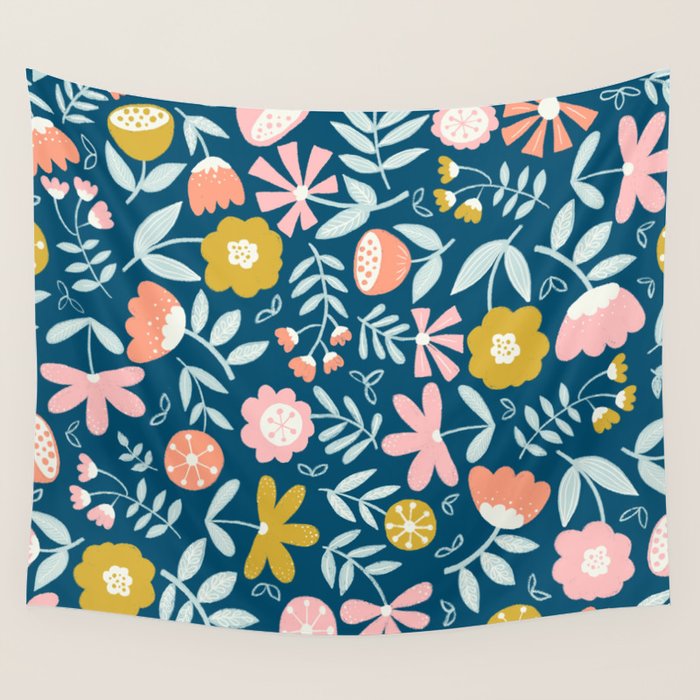 Cute Vintage Flower Pattern Scandinavian Folk Art Wall Tapestry Gallery Image 1