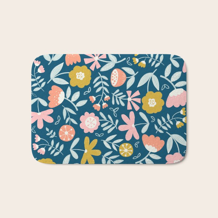 Cute Vintage Flower Pattern Scandinavian Folk Art Bath Mat Gallery Image 1